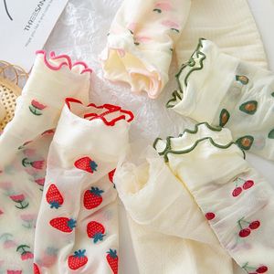 Women Socks Summer Lolita Ruffle Ultra-thin Cool Strawberry Fruit Pattern Breathable Sock Harajuku Sweet Soft Tulle Mesh Soxs