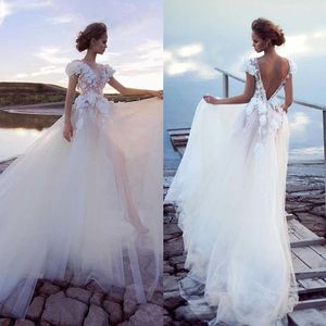 Sexy A Line Wedding Dresses Transparent Short Sleeve Bridal Gown Backless 3D Flowers Appliques Tulle Floor Length Robe De Soiree