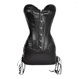 Bustiers Corsets女性セクシーなスチームパンクレースアッププーフェイクレザーオーバーバストとミニスカートセットボディシェーパーコルセットドレス