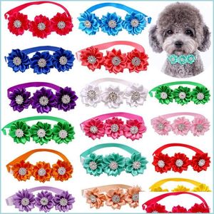 Hundkl￤der 50/100st Pet Dog Apparel Bow Ties Flowers Collar With Shiny Rhinestones Bright Color Small Middle Slips Pets Supplie DHBVF