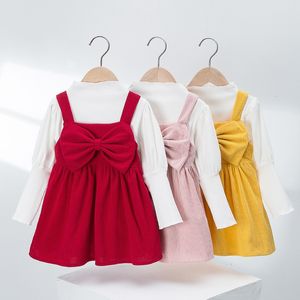 barnkläder set flickor barn solid klänning höst vinter mode flicka bowknot hängslen kjol set 2594 y2