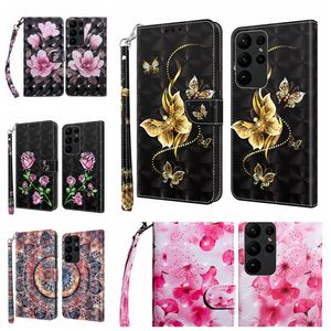 3D Leather Wallet Cases For Samsung A54 S23 Plus Ultra A14 A04S A23E A04 Huawei Honor 50 X8 4G Fashion Rose Flower Sakura Butterfly Dog Card Slot Flip Cover Holder Purse