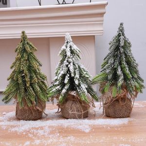 Dekorativa blommor miniatyr julgranar snö flockar mini tallträd säckväv basfest leveranser skrivbord prydnad hem dekorationer år