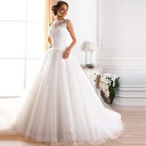 2023 Modest A Line Wedding Dresses Sheer Bateau Nec Lace Appliques Back Lace Up Country Style Chic Bridal Gown Custom Made