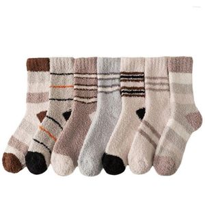 Men's Socks 1Pair Fashion Multi Color Striped Middle Tube Autumn Winter Warm Coral Fleece Thicken For Men