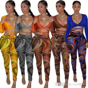 Spring Fall Women Mesh Bandage Pants Set Long Sleeve Crop Tops And Bodycon Printed Leggings Two Piece Outfits Party Nightclub