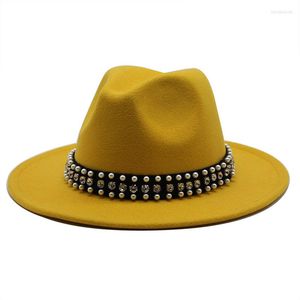 Berets moda mężczyźni kobiety szeroka wełna poczuła jazz fedora kapelusze brytyjskie styl trilby impreza formalna panama czapka czarna żółta sukienka kapelusz