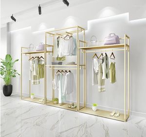 Вешалки стойки золотой магазин одежды, дисплей, полки, тип двойной подвесной стойку для мужчин и женского магазина, дизайн украшения