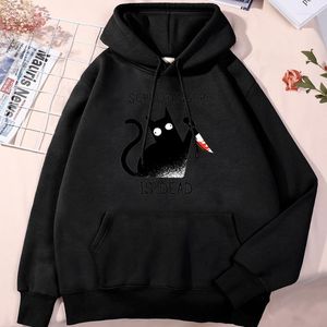 Herren-Kapuzenpullover, Herren-Sweatshirts, Schrödinger ist tot, Cartoon-Schwarz-Katzen-Druck, Kapuzenpullover für Männer, große Größe, O-Ausschnitt, Sweatshirt, lustig, Kawaii