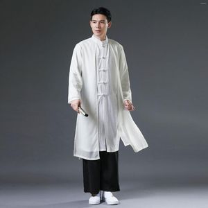 エスニック服の春の男性中国の伝統的なシフォンローブガウンソリッドプラスサイズXLルーズタントップマンダリンカラーハンフシャツレトロボタン