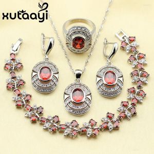Necklace Earrings Set XUTAAYI Red Created Garnet Pretty Wedding Jewelry Sterling Silver Overlay Women Ring Pendant Bracelet