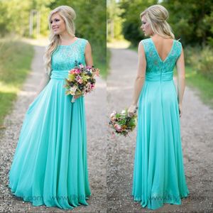 Nya Aqua Country Bridesmaids klänningar Lace Top Bodice golvlängd Chiffong billig strand maid av heders prom party klänningar plus storlek anpassad