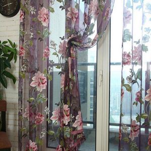 Curtain 50%Door Blinds Window Peony Printed Transparent Tulle Room Divider Valance