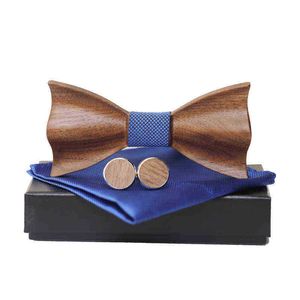 1920 S Mens 3D Wooden Bowtie Pocket Square Cufflinks Set Brown Black Jacquard Handkerchief Bow Suit Wedding Accessories Gifts J220816