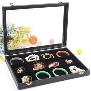 Jewelry Pouches Velvet 12 Grid Tray Box Removable Display Case Organizer With Glass Lid Lockable Necklace Earrings - Black