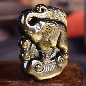 Anhänger Halsketten schöne natürliche goldene Obsidian geschnitzte handgeschnitzte süße Ruyi Elefant Lucky Free Black Perlen Halskette Mode Schmuck