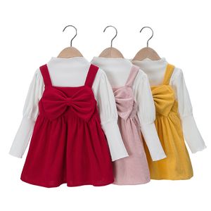 Two Piece Set Children Solid Dress Autumn Winter Fashion Girl Bowknot Suspenders Skirt Sets 2594 Y2