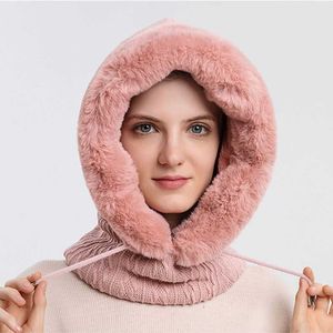 Beanie/Skull Caps Winter Fur Cap Mask Set Hooded for Women Knitted Cashmere Neck Warm Russia Outdoor Ski Windproof Hat Thick Plush Fluffy Beanies T221020