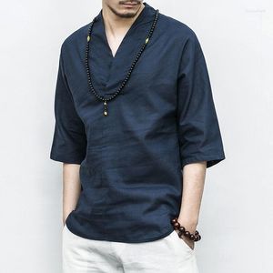 メンズTシャツMRGBサマーメンズTシャツ中国語スタイルの綿男性トップVネックルーズカジュアルメンズソリッドカラー服