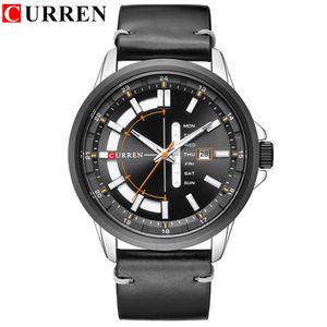 CWP 2021 Curren Casual Leather Strap Business armbandsur Klassiska Black Quartz Men's Watch Display Date and Week Waterproof 267b