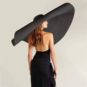 Berretti Moda 30CM Cappelli da spiaggia oversize a tesa larga per donna 80CM Cappello di paglia grande Protezione UV Parasole pieghevole estivo