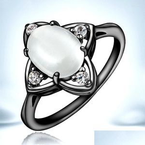 Anéis de casamento Anéis de casamento Flor clássica 9 mm de pombo de 7 mm Ovo Opal for Women Black Gold Gold Ring Ring Cubic Zirconia Jewelry Aneis DHWHL