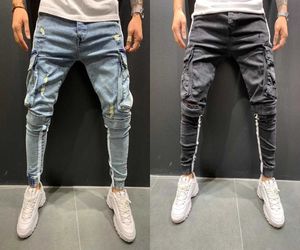 Męskie chude dżinsy boczne Paski Pencil Spodnie Hip-Hop Biker Denim Multi-Pockets Spodnie sportowe Mężczyzna do joggingu Spodnie S-3L SIZ X0621