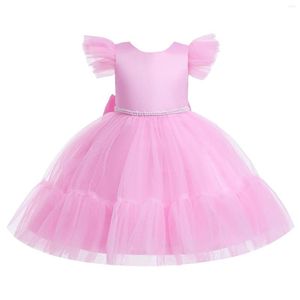 Vestidos de menina princesas mangas de capital rosa Festa de casamento de flor de casamento tutu com pérolas adolescentes crianças elegantes vestidos para 4-10 anos