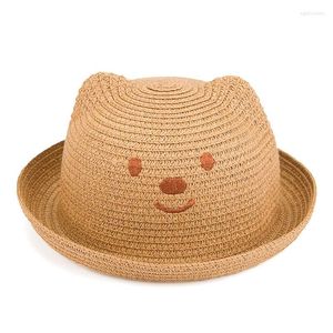 Berets HanXi Summer Children Straw Sun Hats Cute Bear Ear Cap For Kid 51cm Head Circumference Beach Hat Boys Girls