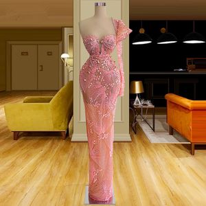 Gracieful Pink Mermaid Prom Dresses One Shoulder Party Dresses Illusion Crystals Spets Ny design Custom Made aftonklänning