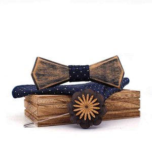 Linbaiway Woode Bow Tie Set for Men for Handkerchief Bowtie Brooches Wedding Cravate Homme Noeud Papillon Corbatas J220816