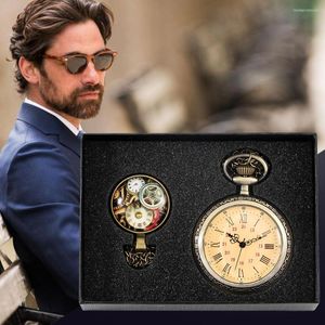 Pocket Watches Watch Men Luxury Gold Necklace Gift Set utan t￤ckdesign Romerska siffror Sl￥ Steampunk Pedent Clock