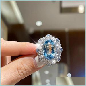 Обручальные кольца обручальные кольца роскошные морские голубые кубические циркониевые помолвка для женщин -юбилей юбилей ювелирных украшений День Святого Валентина Регулируемый S DHSOO