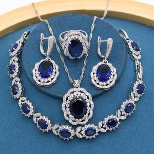 Necklace Earrings Set & Classic Huge Blue Stones Silver Color For Women Bracelet Ring Party Gift Box