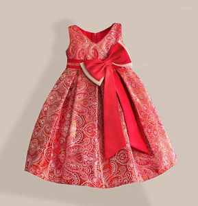 Vestidos de menina vermelhos vestido de garotas de arco grande para ano bronzeador de algodão de algodão de algodão em vil de gola alta