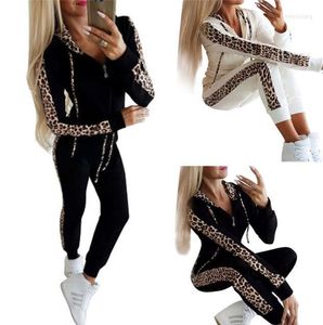 Kadınlar İki Parçalı Pantolon Kadın 2 Kıyafet Giysileri Set Uzun Kollu Leopar Patchwork Zip Top Trailsuit Giyim