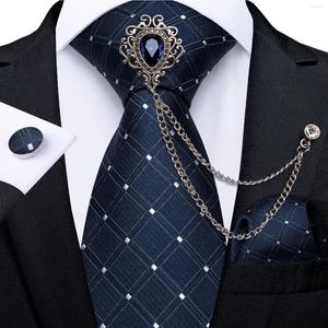 Bow Ties 8cm Dark Blue Men's Plaid And Dot Silk Tie Business Wedding Necktie Handkerchief With Luxury Crystal Brooch Men Gift DiBanGu