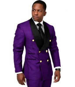 Excellent Purple Groom Tuxedos Men Wedding Dress Black Shawl Lapel Double-Breasted Men Blazer Prom Dinner/Darty Suit