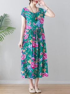 Party Dresses Chinese Style Summer Floral Dress Vintage Cotton Linen Short Sleeve O-Neck Casual Loose Maxi For Women Robe Femme