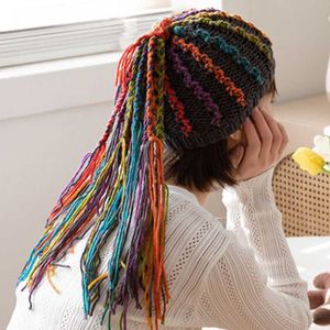 Beanie Skull Caps Funny wig hat women s hand woven wool autumn winter personality hip hop style ethnic cotton dirty braid tassel T221020
