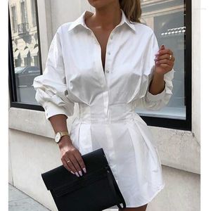 Casual Dresses Fashion Office Lady Lapel Shirt Dress Summer Autumn Solid/Printed Mini Vestidos High Waist Long Sleeve Buttoned Clothes