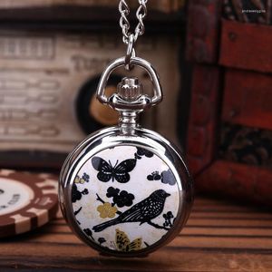 Pocket Watches Luxury Flower Print Quartz Watch For Men Women Boys Bird Butterfly Engraved Case Fob Chain Clock Collection Gift