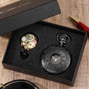 Orologi da tasca Orologio Steampunk Numeri romani Quarzo Nero Cassa cava Fob Collana con ciondolo Orologio Set regalo per uomo Donna