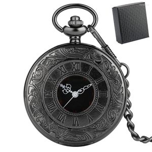 Pocket Watches Classic Roman Numbers Gravado Hollow Vintage Quartz Assista Black Gift Box Men Women Fob Chain Pinging Timepipa