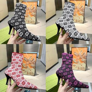 Women G Knitted Ankle Boots Elastic Sock Boot Diamond Grid High Heels Socks Heeled Fashion Sexy Designer Alphabetic Lady Letter Thick Shoes