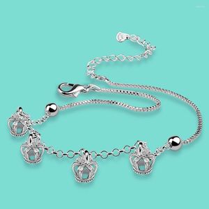 Anklets Summer 925 Genuine Silver Ankle Bracelet Women's Crown Pendant Box Chain Femal Foot Accessories Holiday Beach Jewelry For Gift