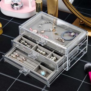 Pudełka biżuterii przezroczyste akrylowe pudełko z szufladami aksamitnymi organizer dla kobiet kolczyki pierścienie uchwytu naszyjniki L221021