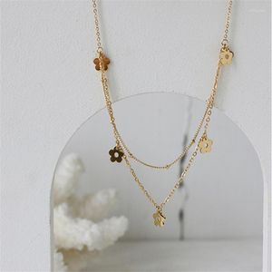 Choker Titanium Steel Plated 18K Gold Color Daisy Flower Double Layer Necklace Pendant Light Luxury Collarbone Chain Party Gift Jewelry