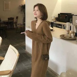 Casual Dresses Cupnice Autumn Winter Sticked Hooded Fleece Solid Loose Maxi Dress Long Sleeve V-Neck Fashion for Women Vestidos 2022