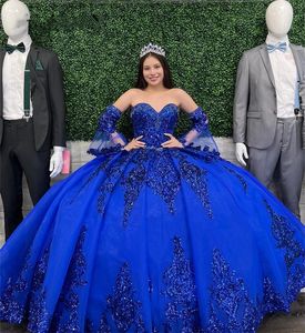 Blue Royal Sparkly Ball Gown Quinceanera Dresses 2023 Sequins Applique Sweet 16 Dress Birthday Party Vestidos De 15 Anos